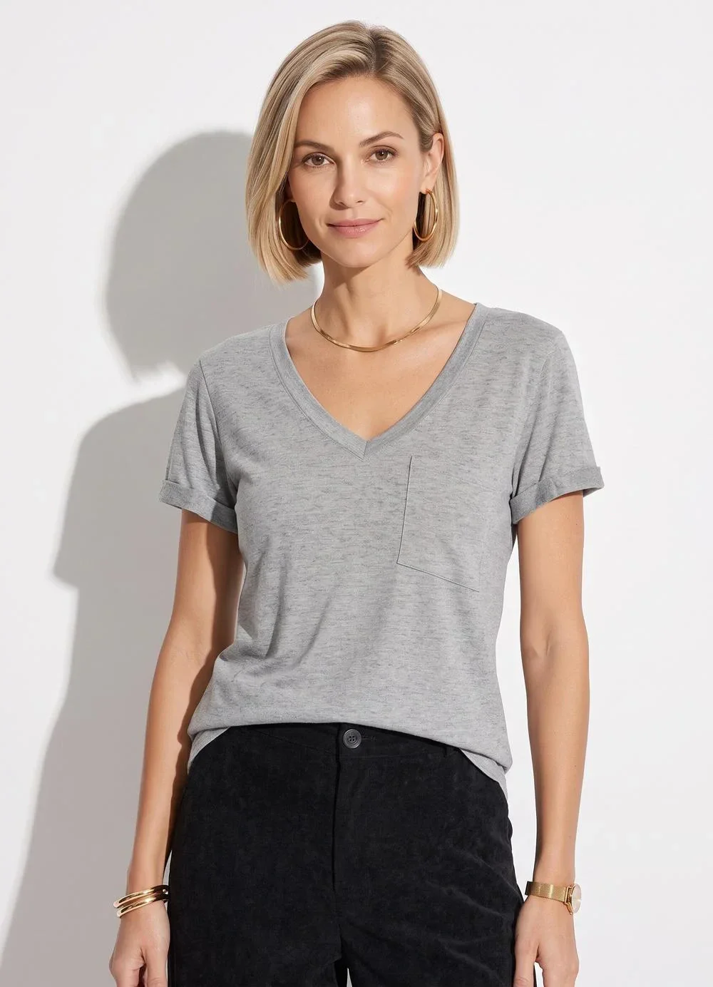 Quintess - Blusa Mescla com Decote V e Bolso Frontal
