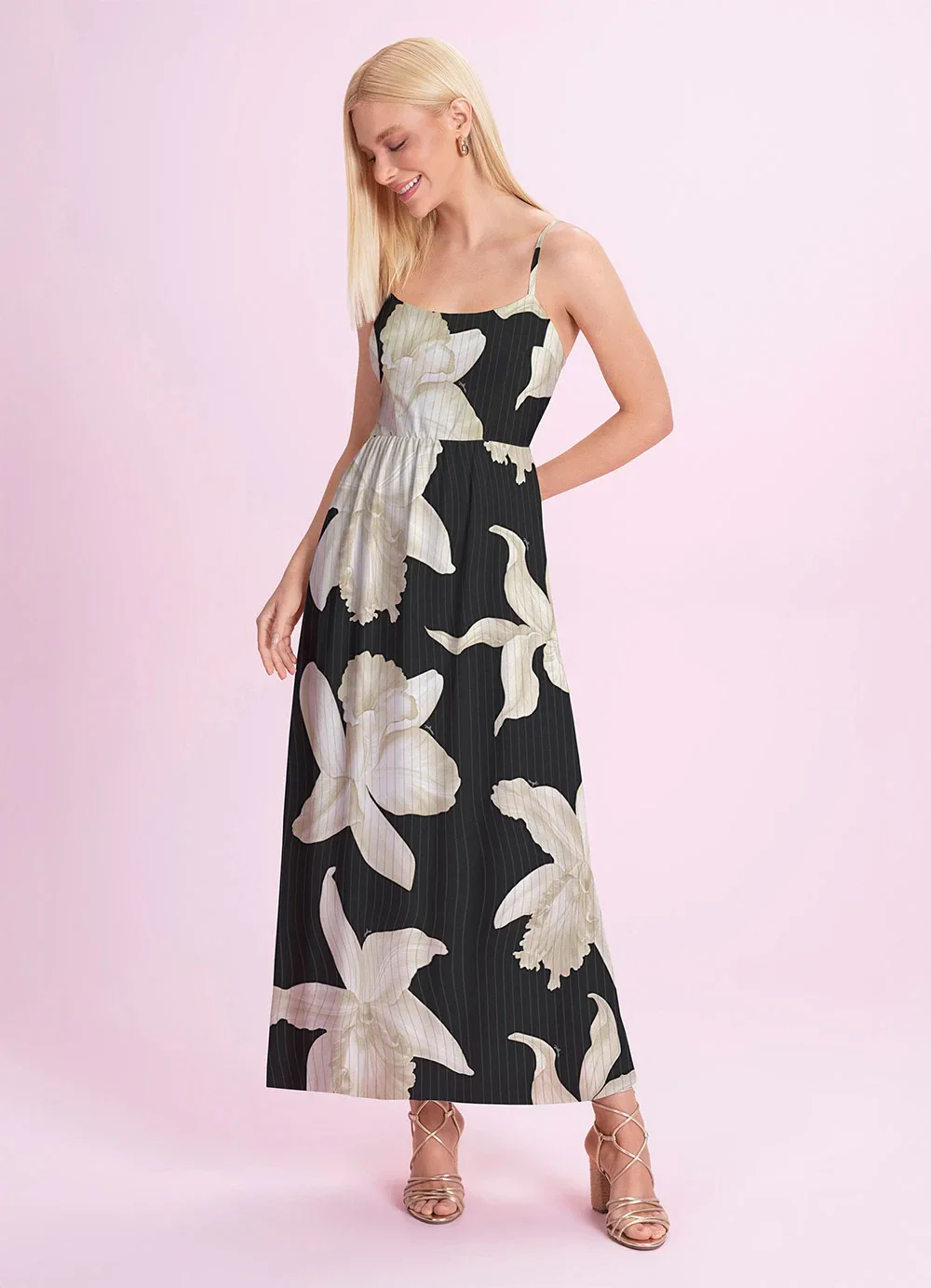 Angel - Vestido Midi Viscose Estampada Preto