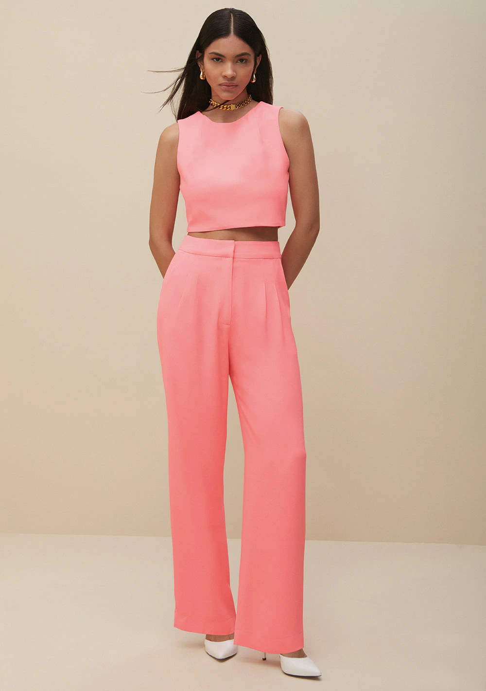 Top Morena Rosa Alfaiataria Sem Manga Com Pregas Pink