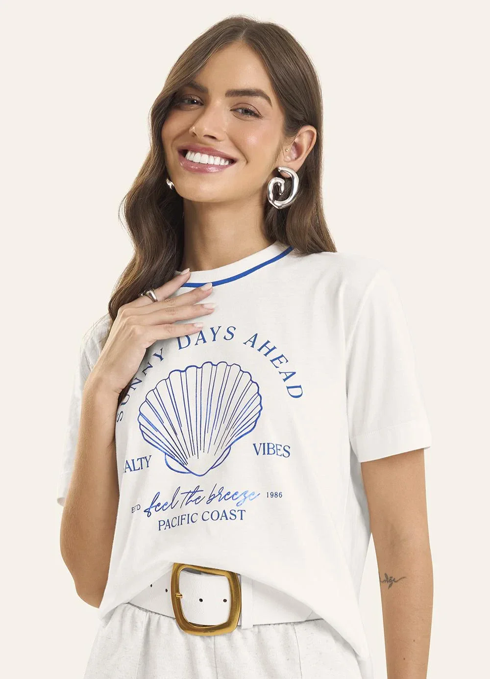 Rovitex - Camiseta Feminina Estampada Meia Malha Bege