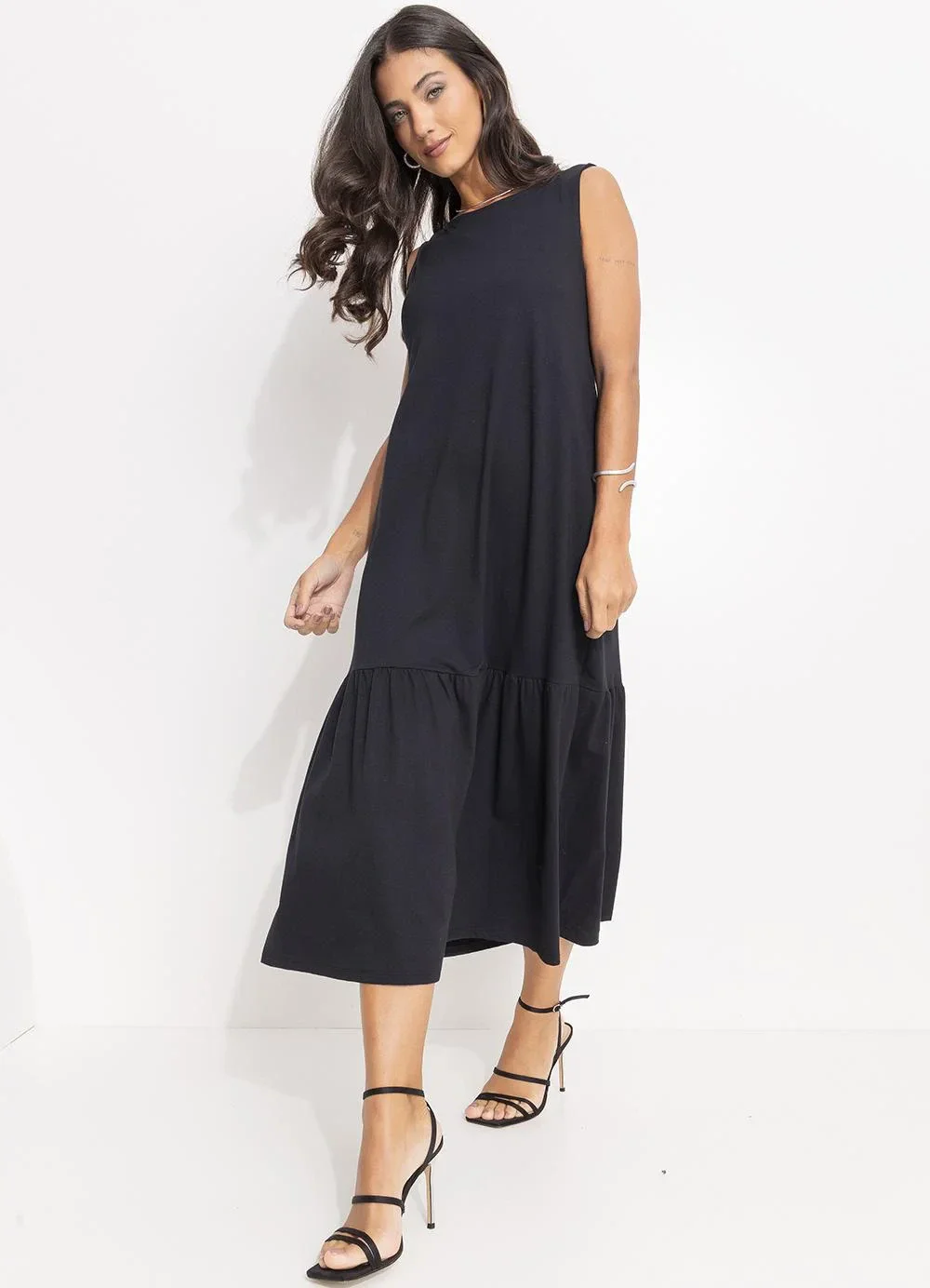 Quintess - Vestido Preto em Malha de Algodão Penteado