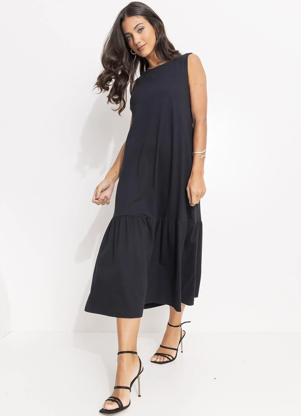 Quintess - Vestido Preto em Malha de Algodão Penteado