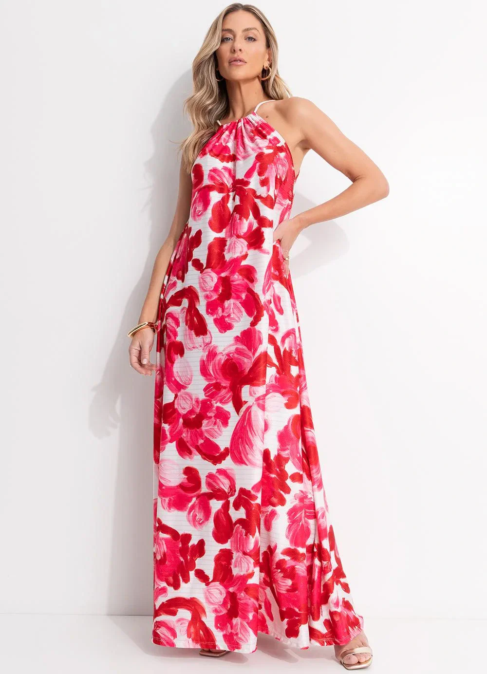 Quintess - Vestido Longo Floral Soltinho com Decote Halter e Amarração