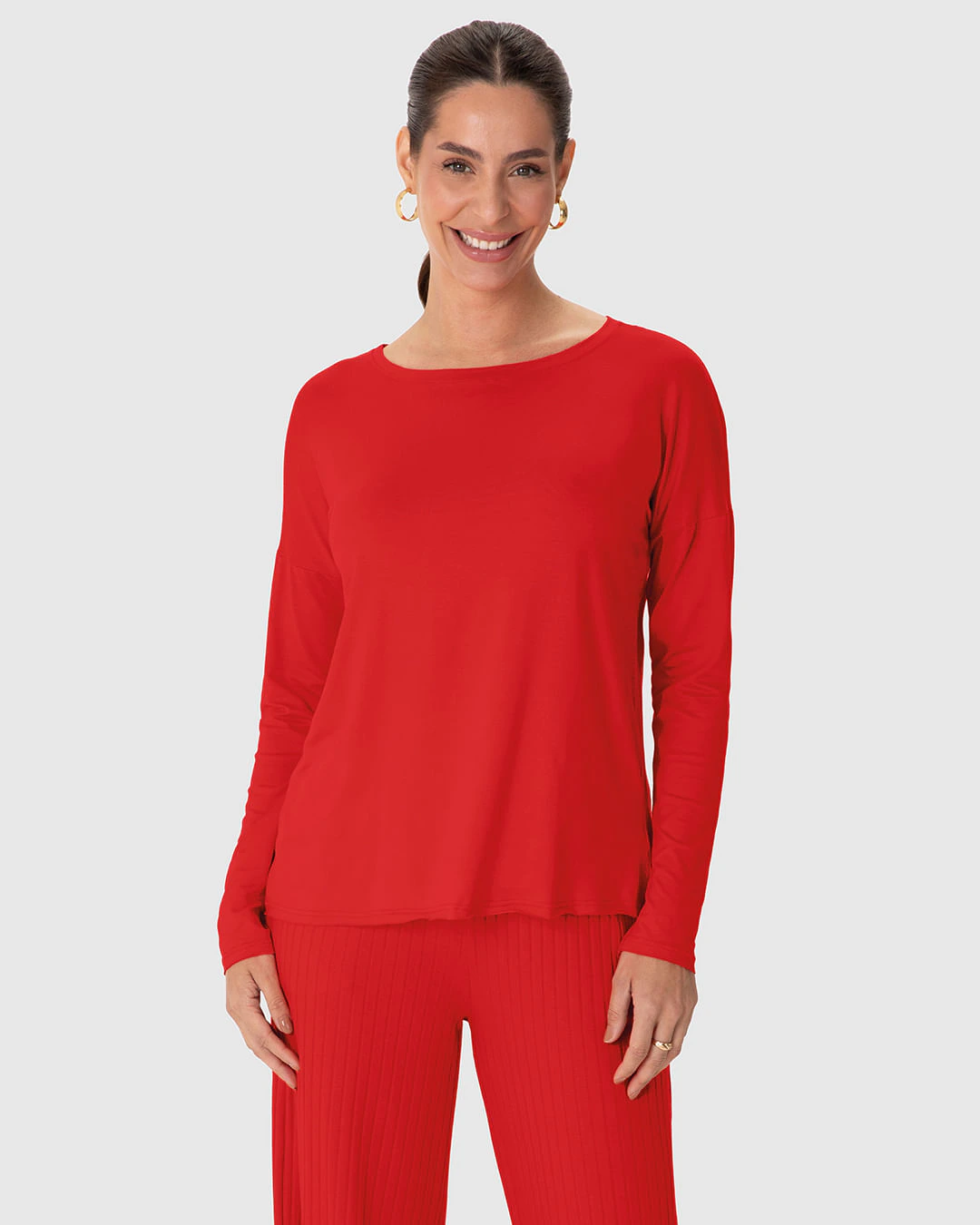 Blusa Básica Feminina Ampla Manga Longa Em Viscose Stretch