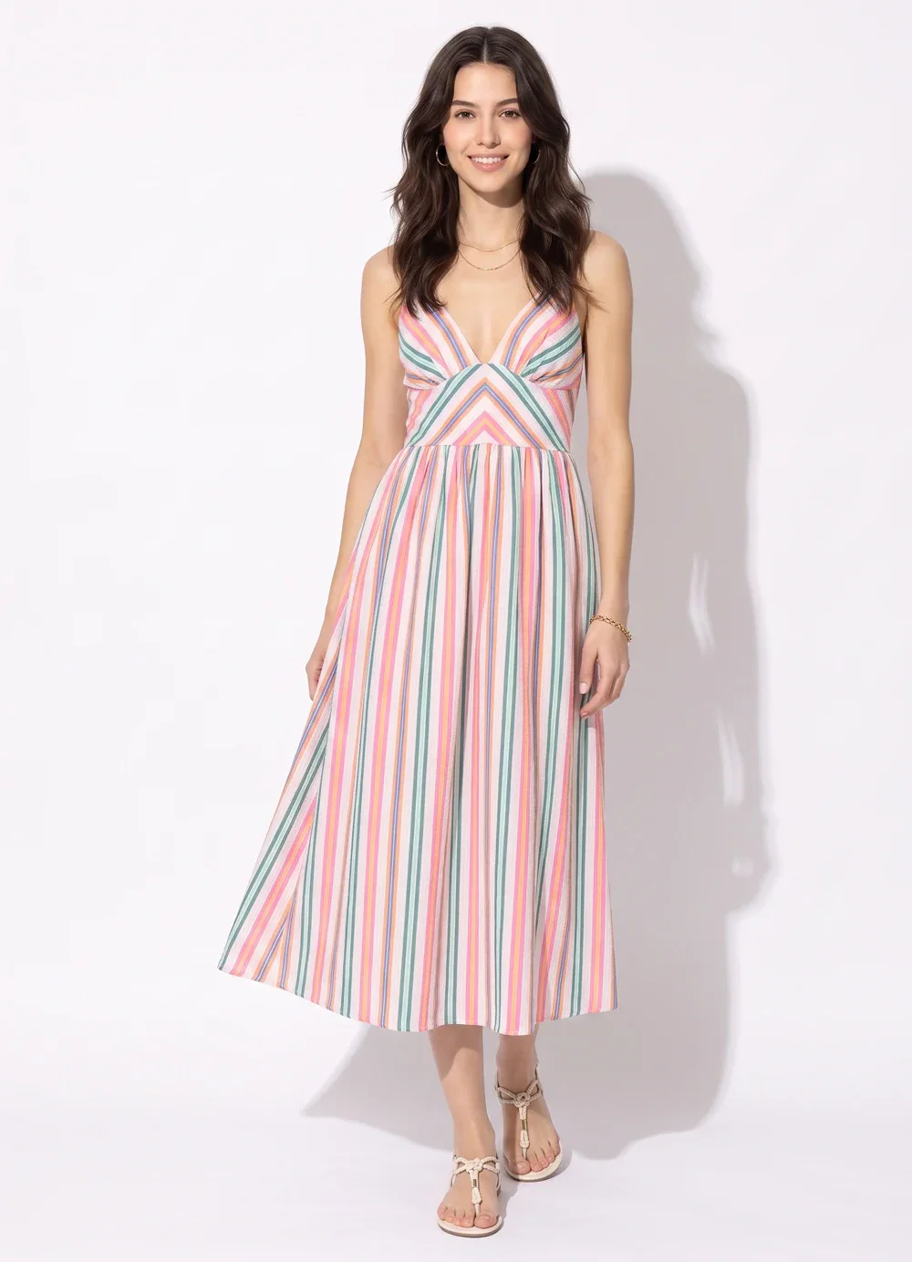 Farm - Vestido Longo Alça Listra Tropique Branco