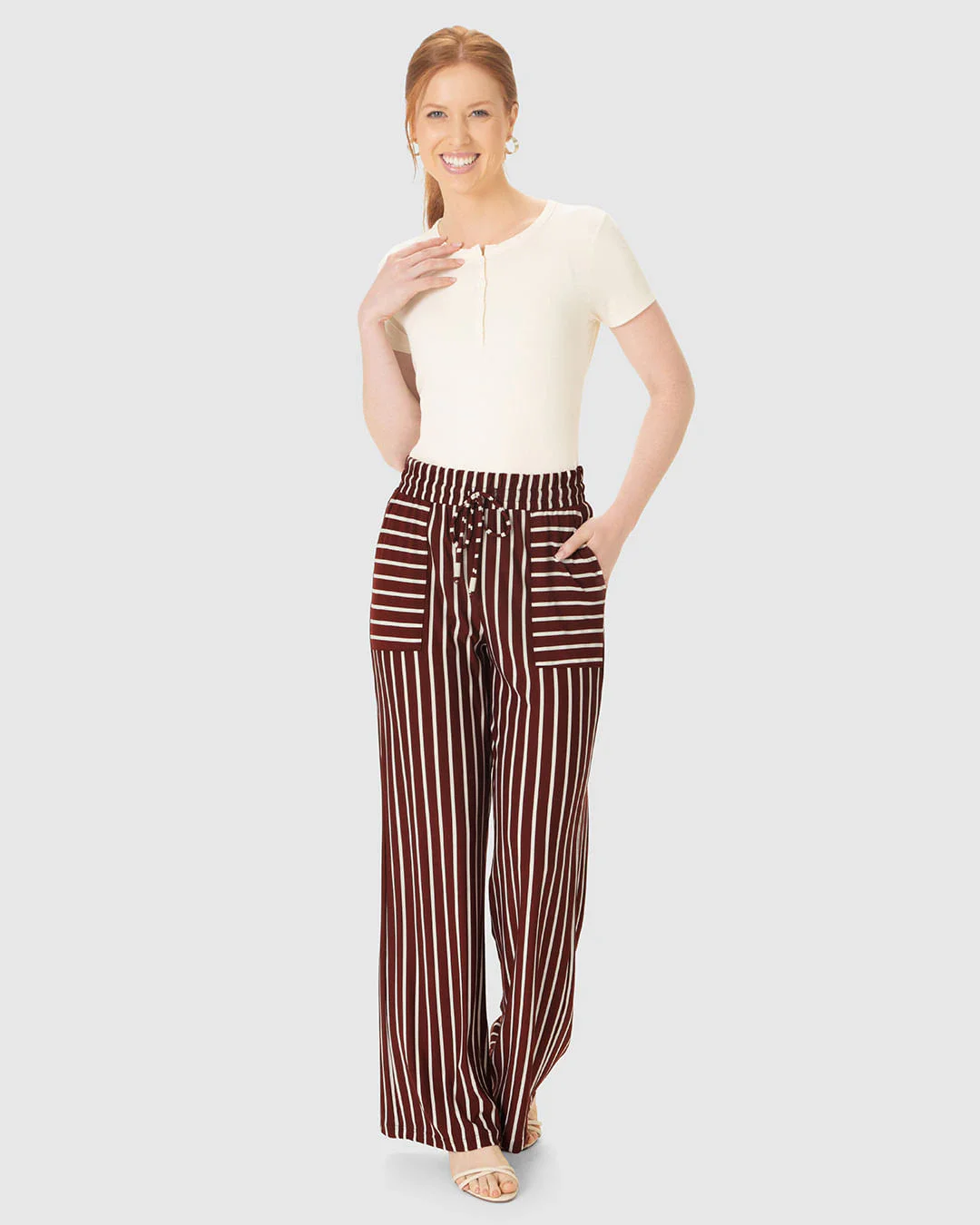 Calça Wide Leg Feminina Bolso Frontal Em Malha Viscose Listrada