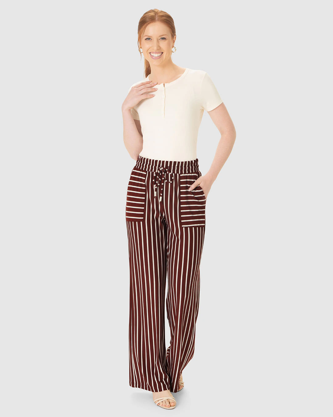 Calça Wide Leg Feminina Bolso Frontal Em Malha Viscose Listrada