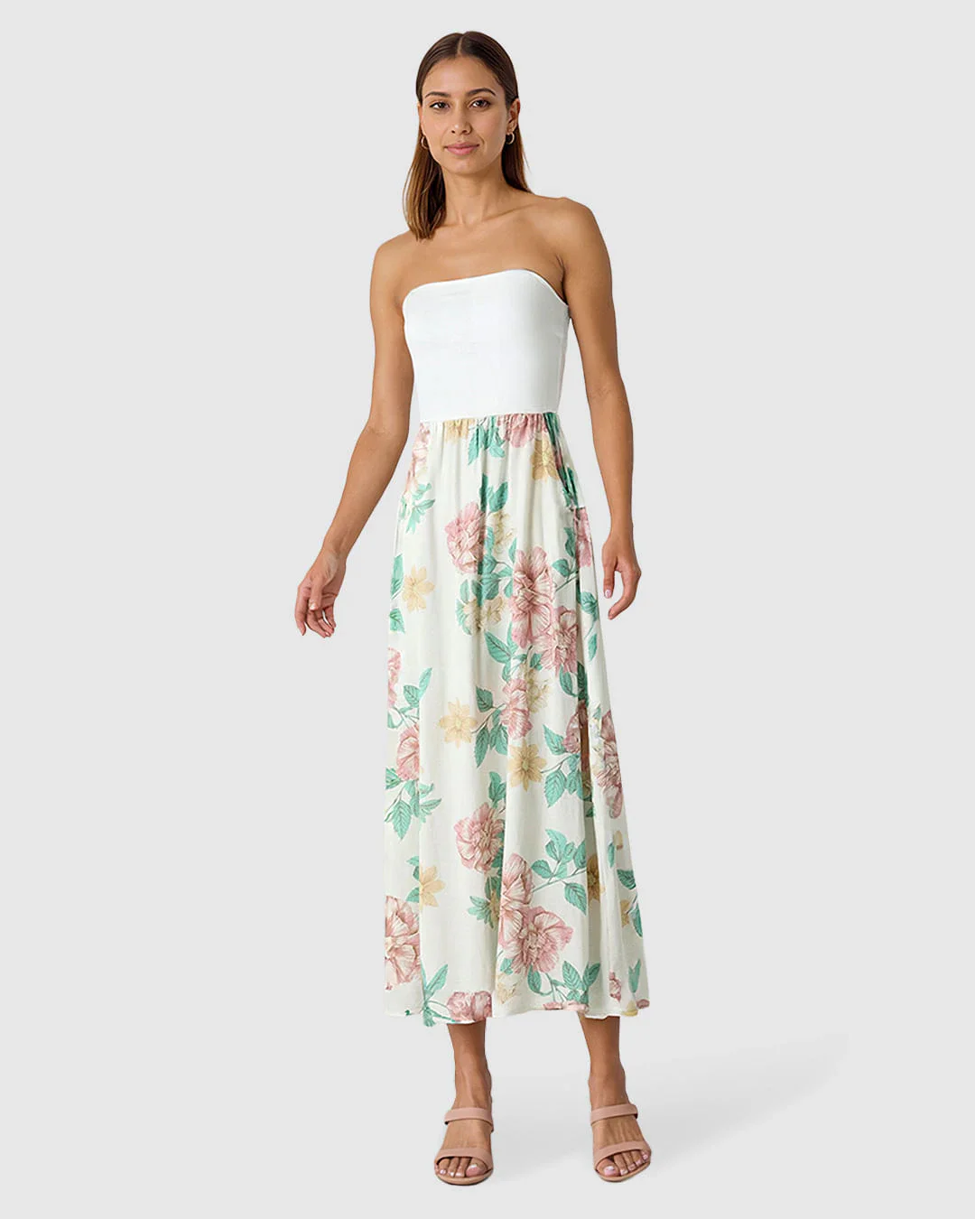 Vestido Midi Feminino Amplo Sem Alças Em Tecido Mescla Viscose