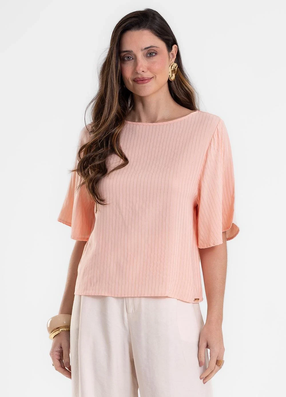 Rovitex - Blusa Feminina Manga Ampla Listrada Lurex Rosa