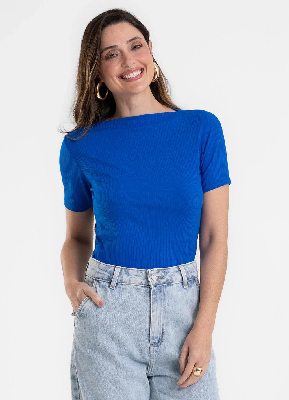 Rovitex - Blusa Feminina Decote Canoa Básica Ribana Azul