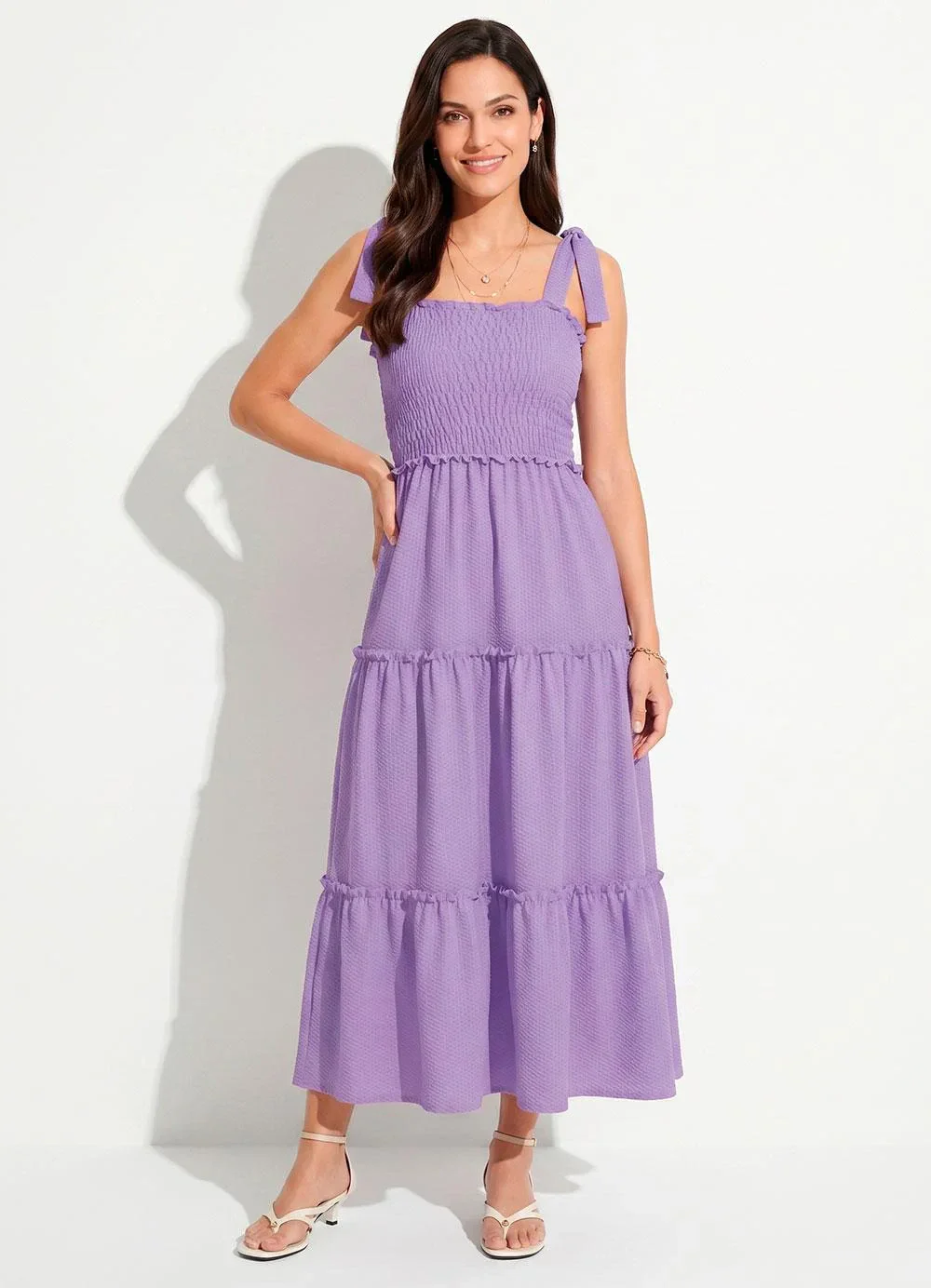 Quintess - Vestido Lilás com Babados e Alças para Amarrar