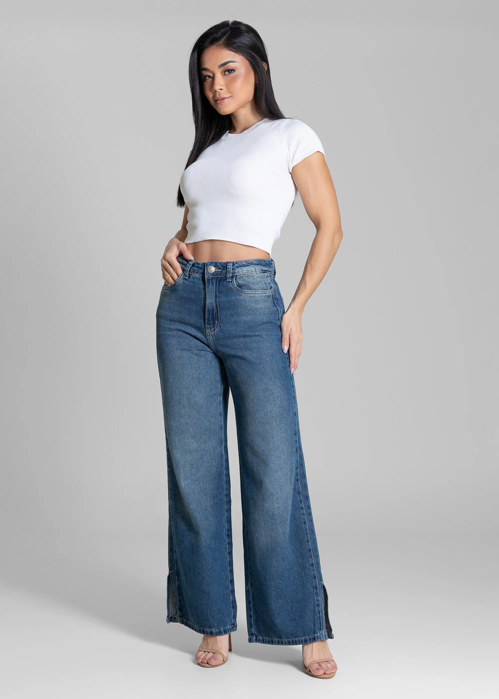 Calça Jeans Sawary Wide Leg Tachas - 283177 AZUL