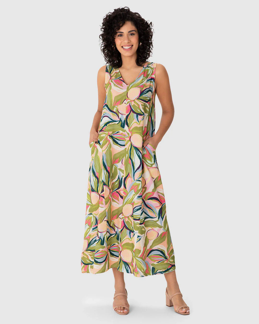 Vestido Midi Feminino Bolso Funcional Em Viscolinho Texturizado