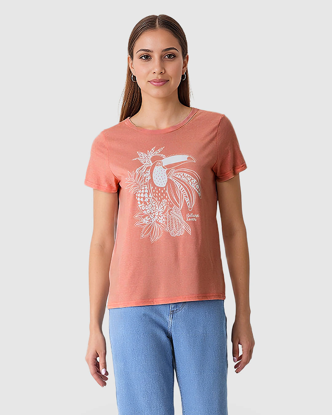 Camiseta Feminina Estampa Frontal Abertura Costas Em Malha Moulinê
