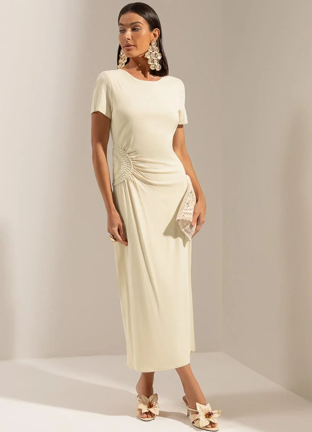 Gris - Vestido Midi em Viscose com Bordado Bege