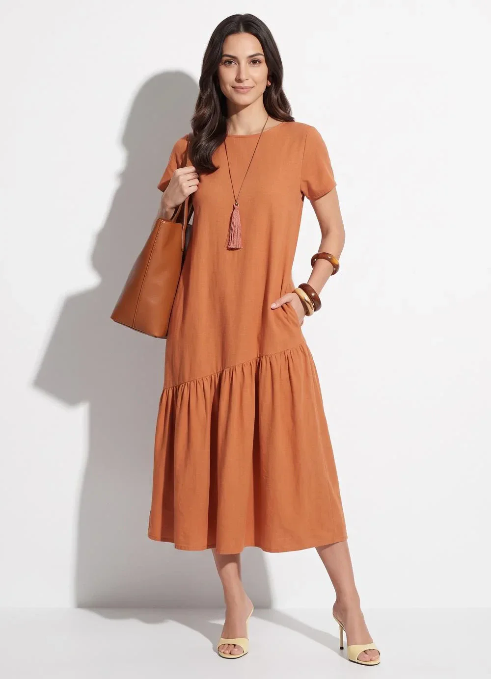 Quintess - Vestido Ferrugem com Bolsos e Barra Assimétrica
