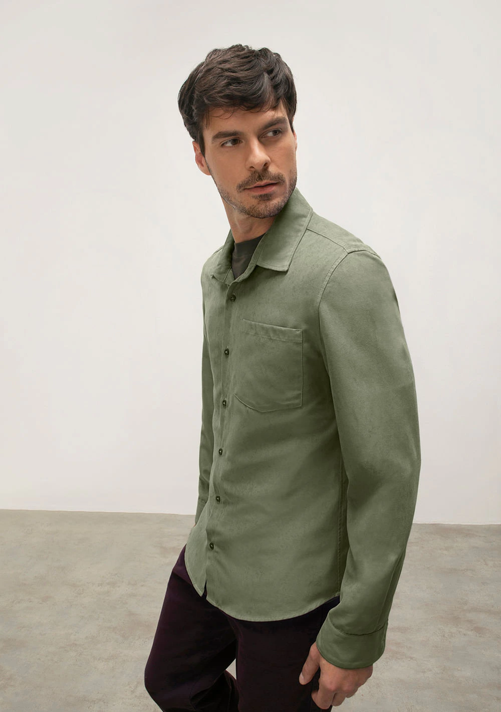 Camisa Manga Longa De Cotele Verde