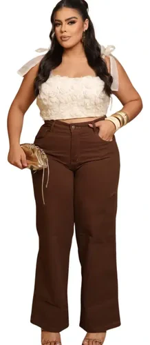 Calça Feminina Wide Leg Plus Size Marrom E Bege 100% Algodão