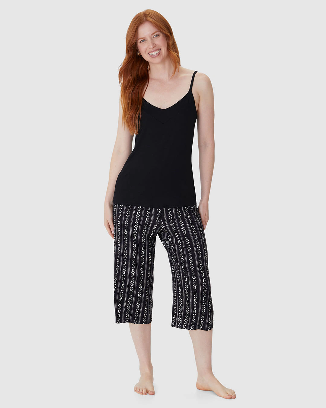 Pijama Longo Feminino Calça Capri Estampada Em Viscose Stretch