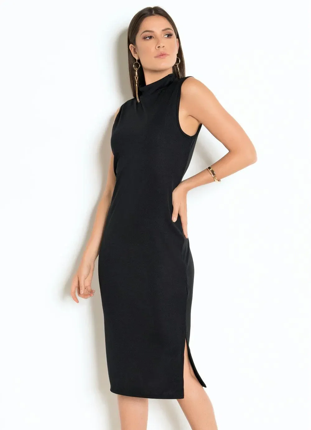 Moda Pop - Vestido Gola Alta Preto