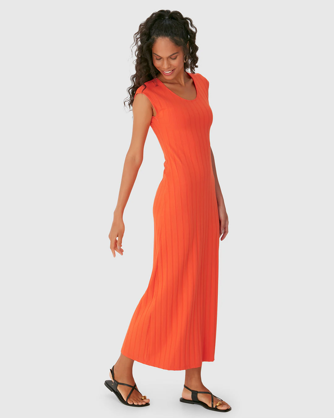 Vestido Midi Feminino Acinturado Em Malha Viscose Canelada