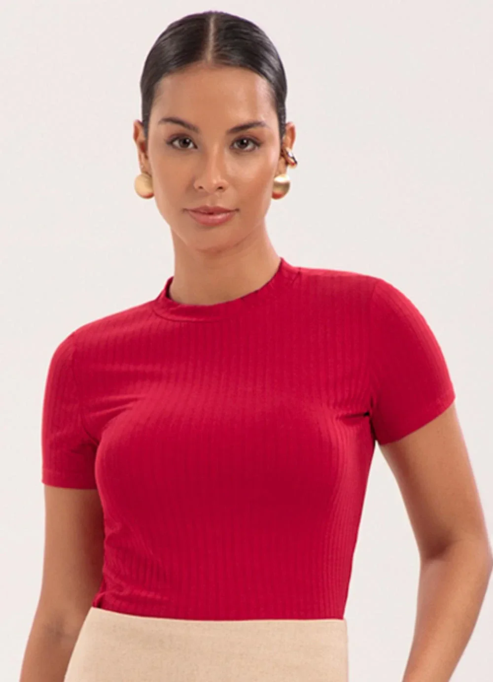 Lunender - Blusa Cropped em Malha Canelada Vermelho