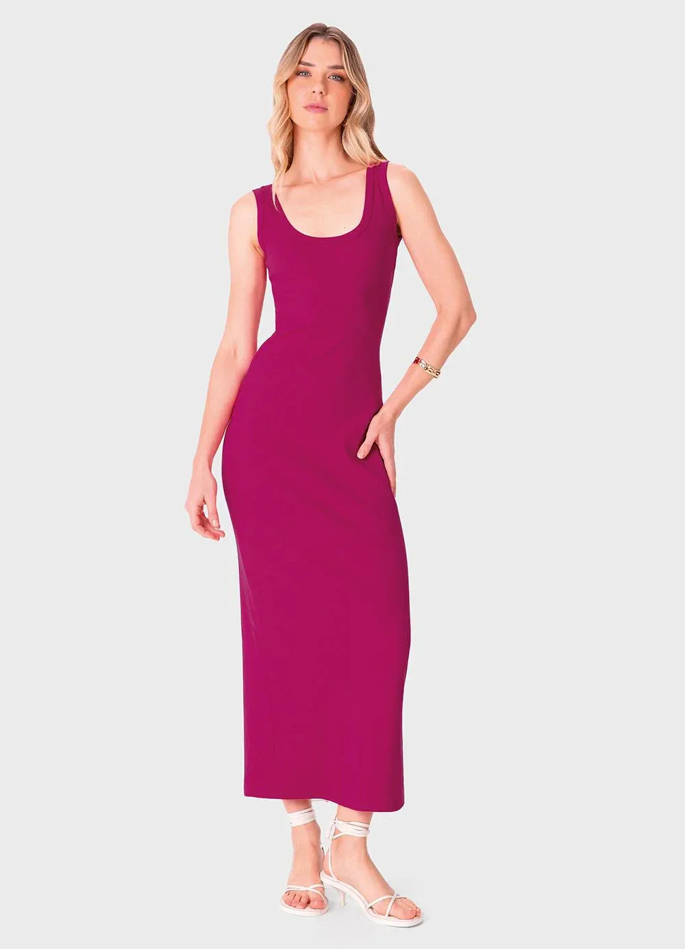 Enfim - Vestido Longo Justo com Fenda Fúcsia