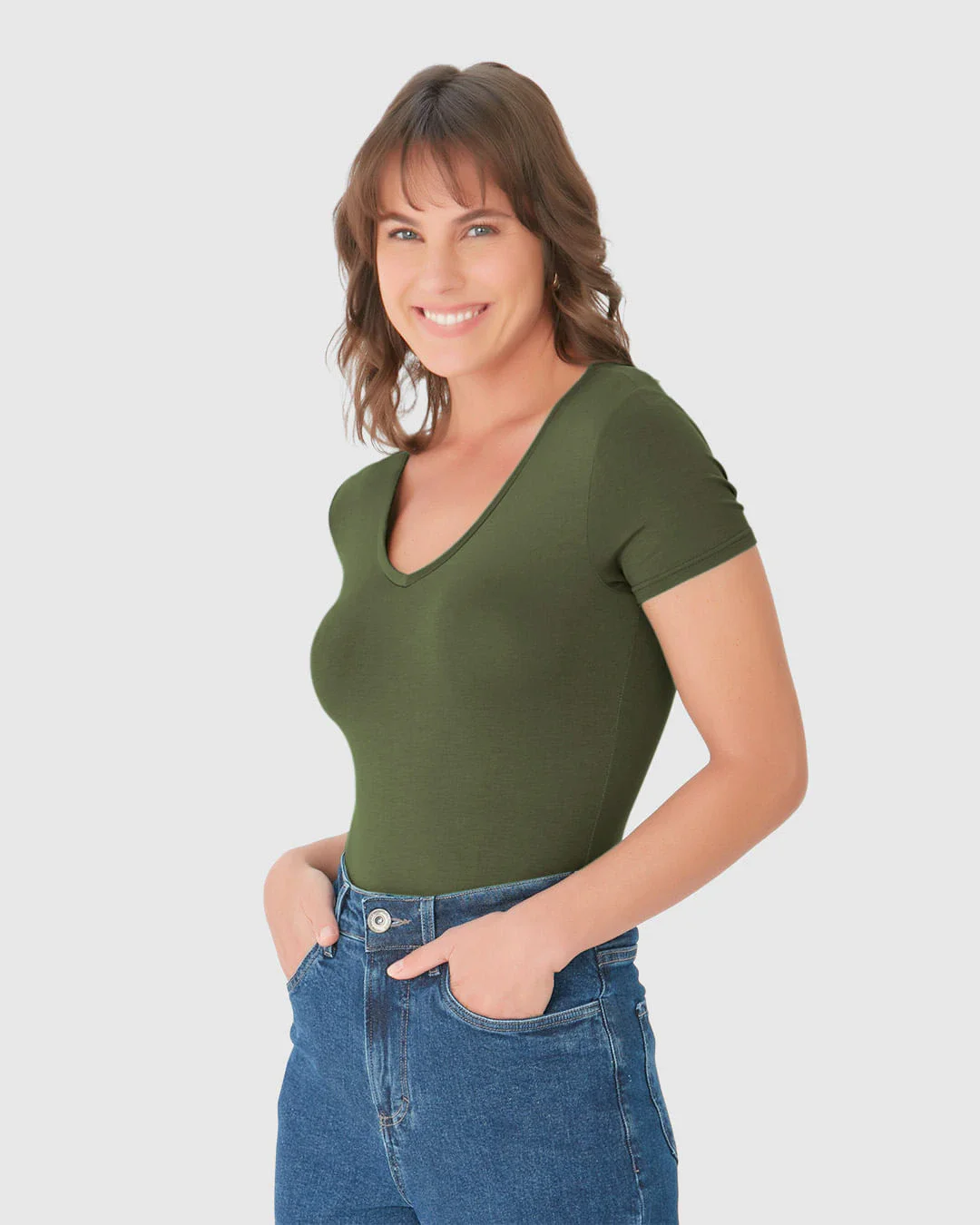Blusa Básica Feminina Decote V Em Viscose Stretch