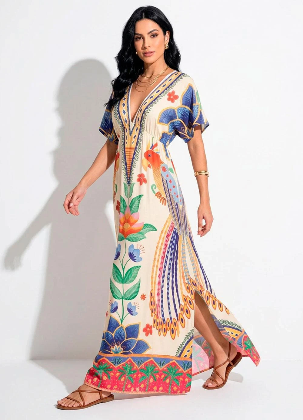 Quintess - Vestido Floral Tropical em Malha Fria
