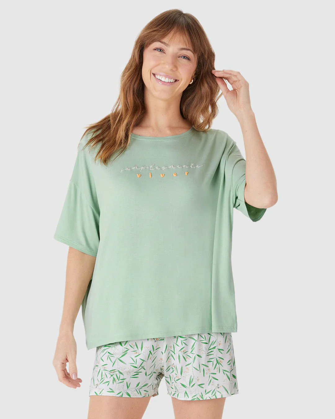 Pijama Curto Feminino Blusa Box Estampa Lettering Em Viscose Stretch