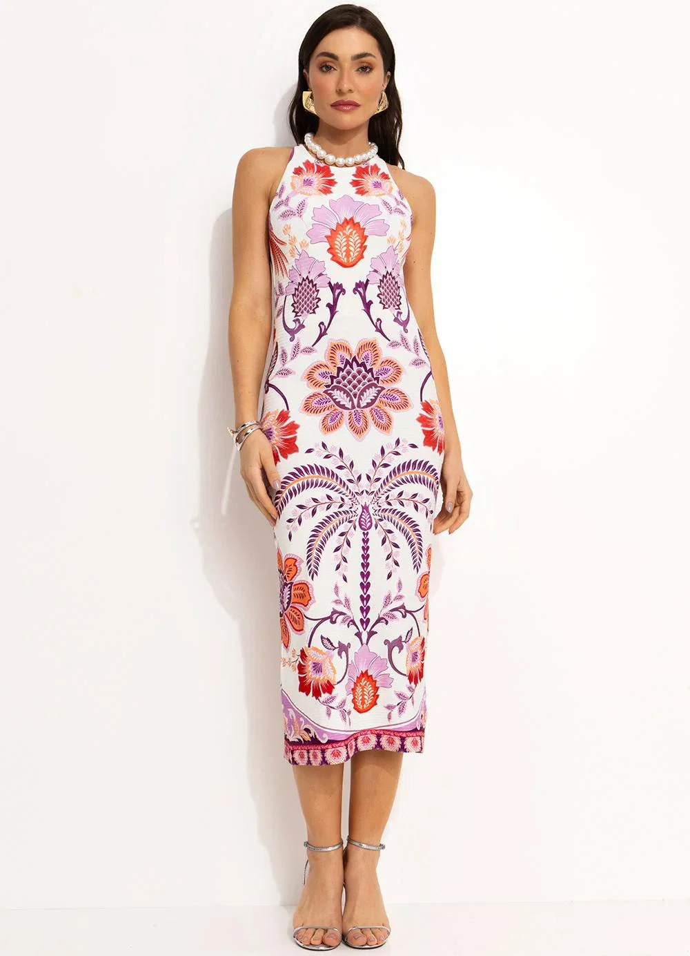 Farm - Vestido Midi em Viscose Off White