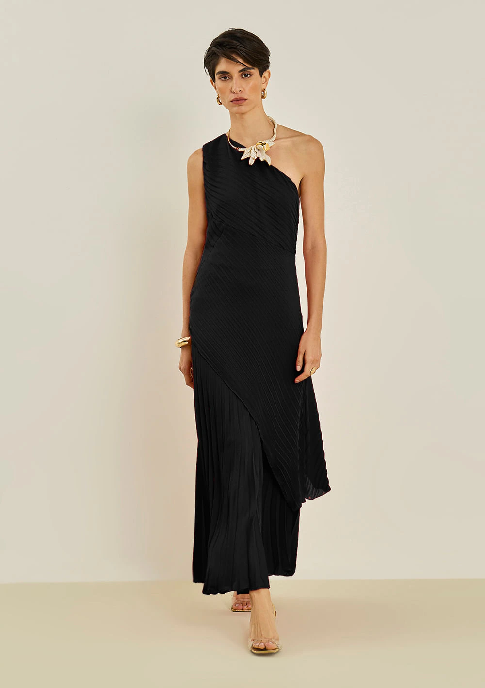 Vestido Maria.Valentina Solto Um Ombro Só Sem Manga Longo Preto
