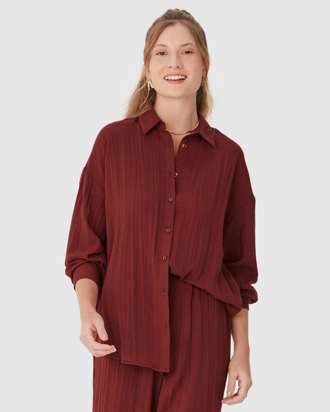 Camisa Alongada Feminina Manga Longa Em Viscose Texturizada