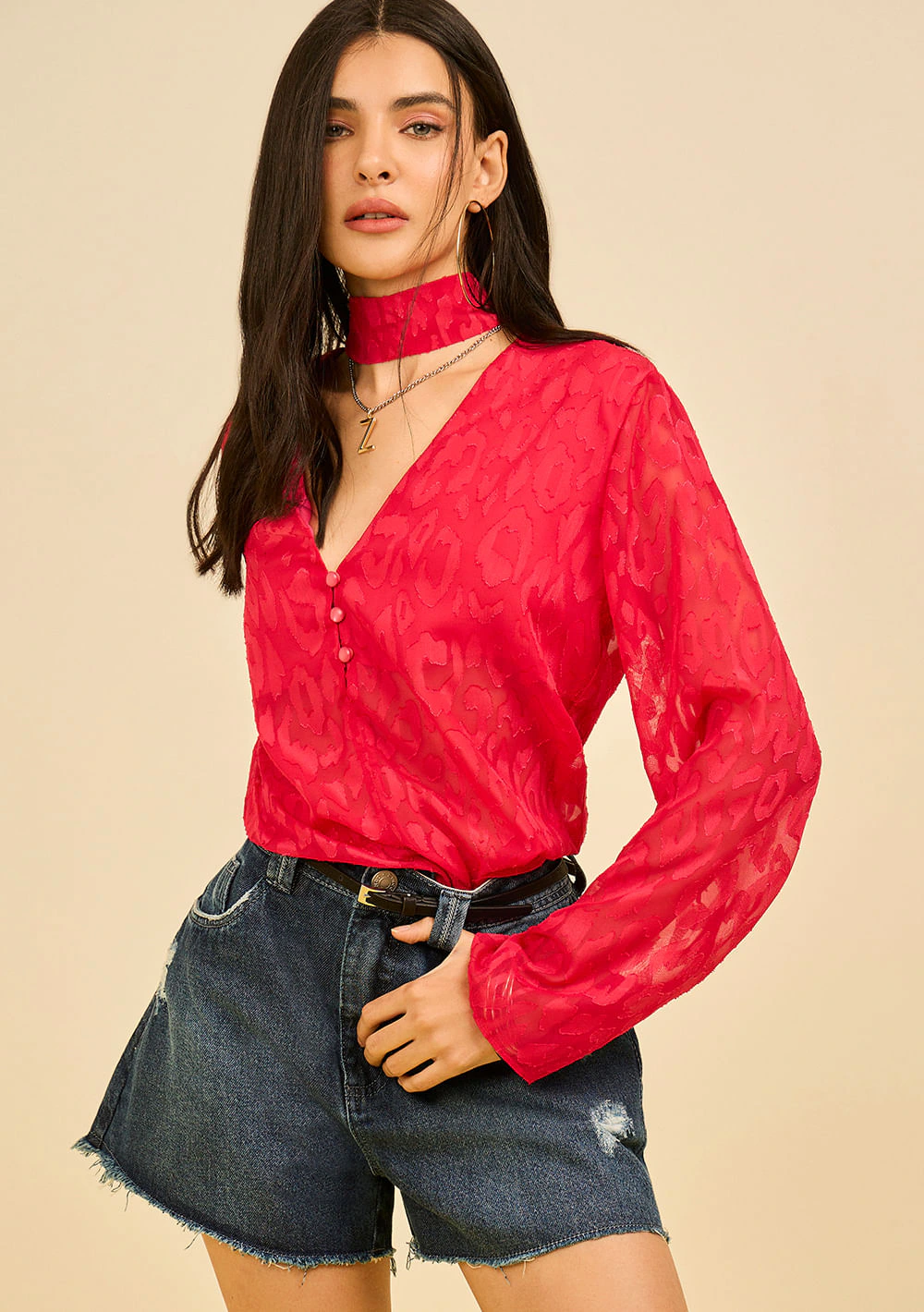 Camisa Zinco Solta Decote V Manga Longa Padrão Rosa