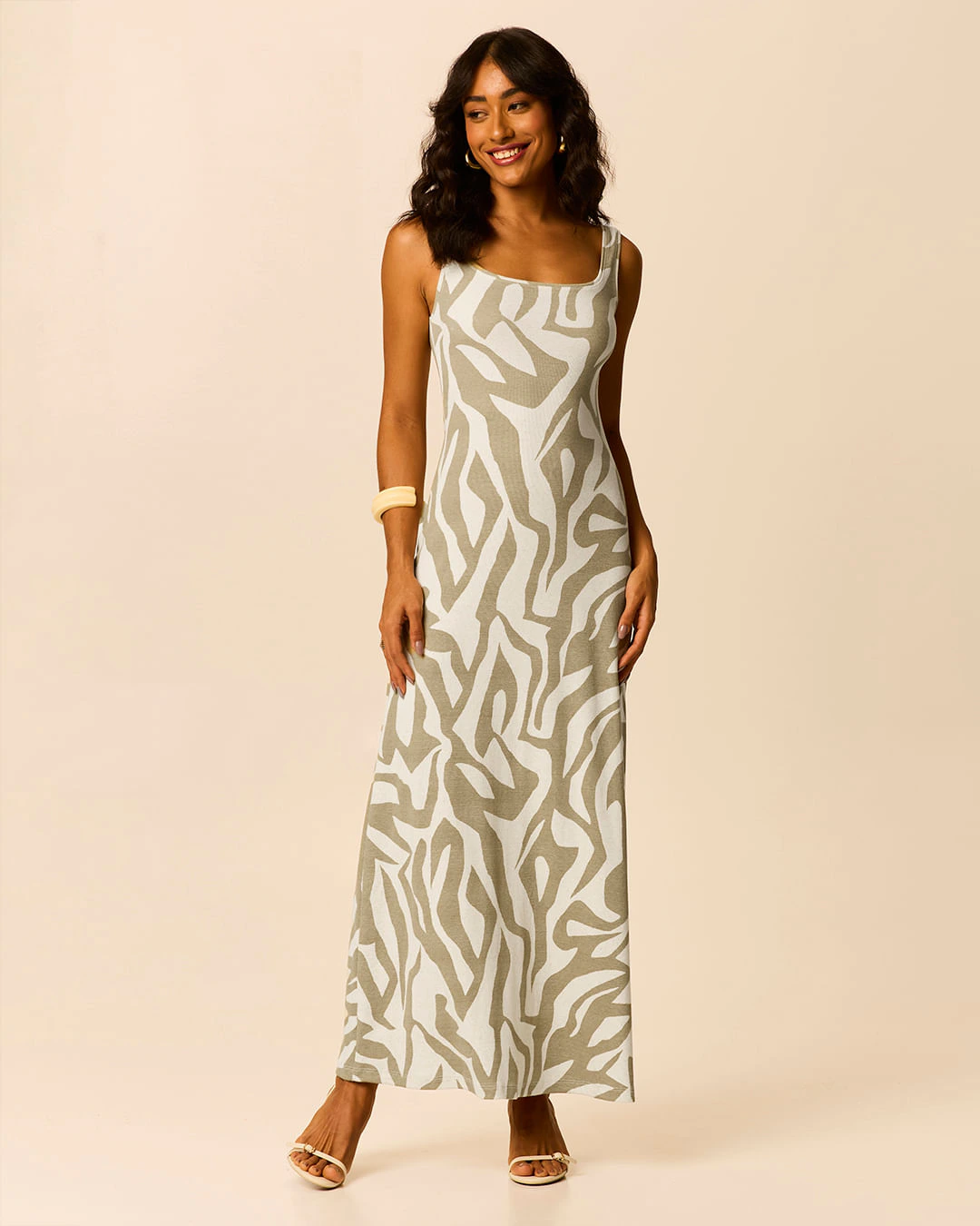 Vestido Midi Feminino Estampa Geométrica Decote Quadrado Em Ribana Linho