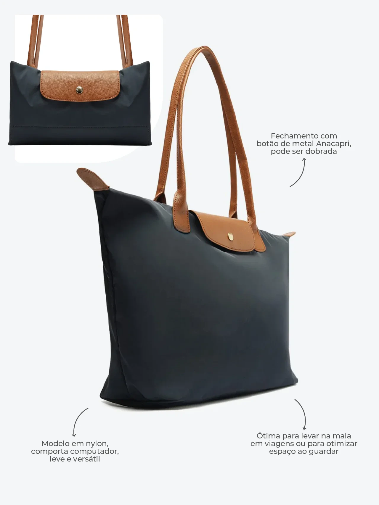 Bolsa Shopping Grande Nylon Botão Azul