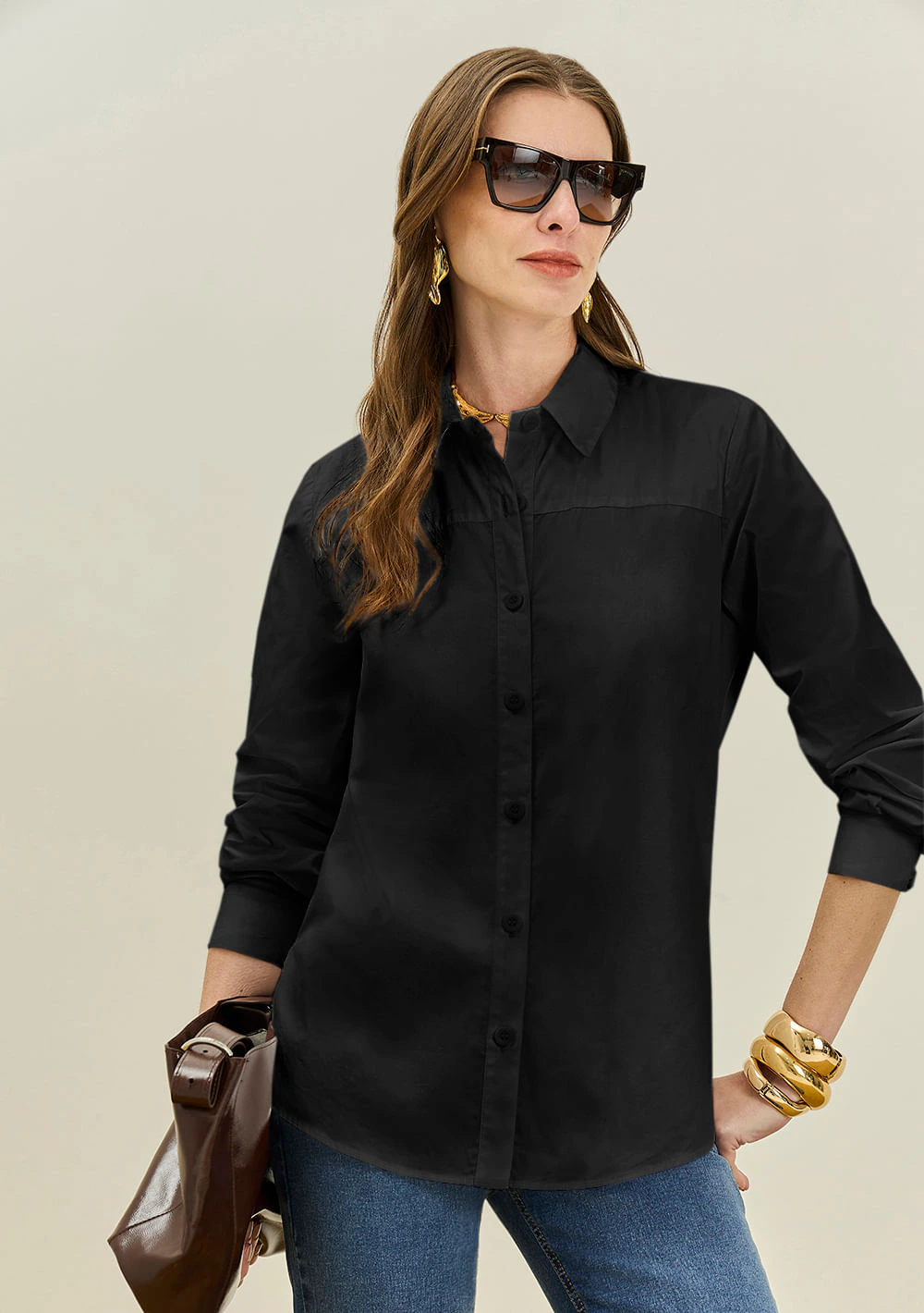Camisa Maria.Valentina Solta Gola Clássica Manga Longa Padrão Preto