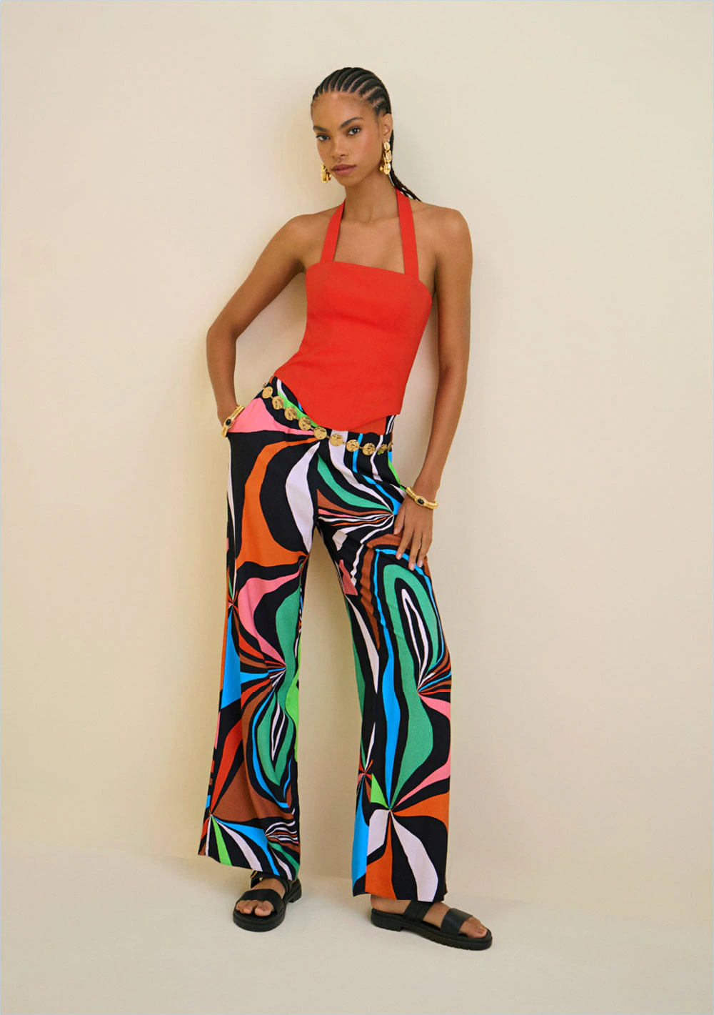 Calça Morena Rosa Wide Leg Cós Alto Bolso Faca Preto