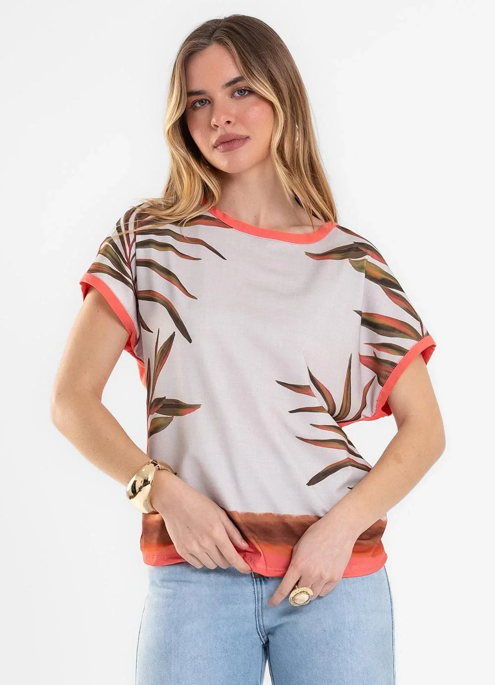 Rovitex - Blusa Feminina Estampada Visco Creponada Laranja