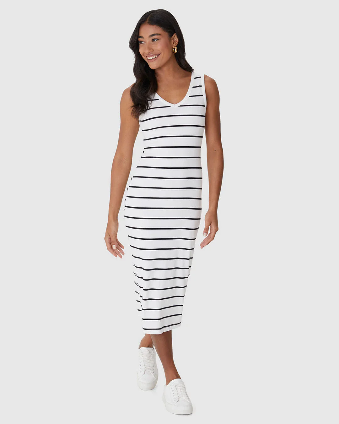 Vestido Midi Feminino Decote V Listrado Em Ribana
