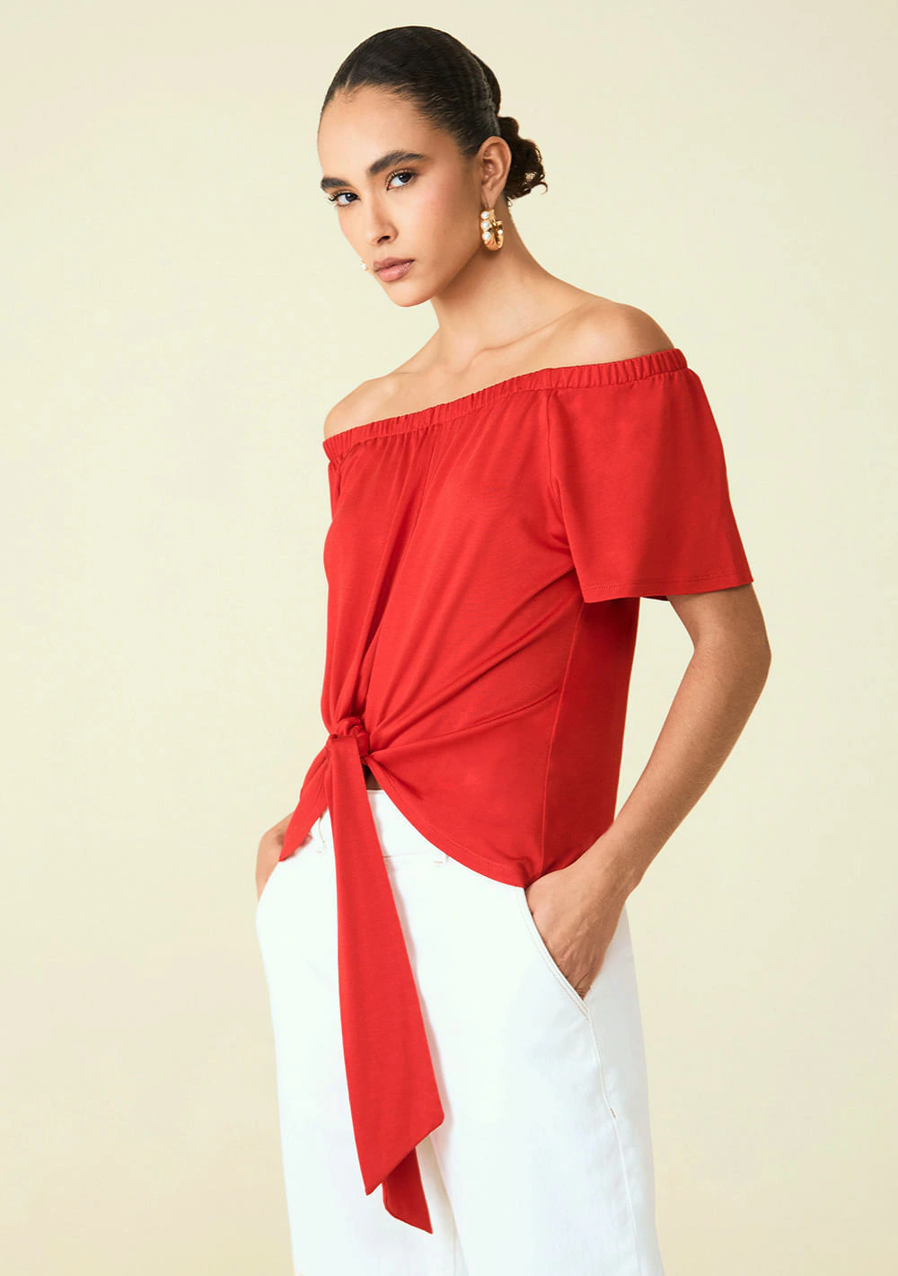 Blusa Maria.Valentina Solta Ombro A Ombro Manga Curta Padrão Vermelho