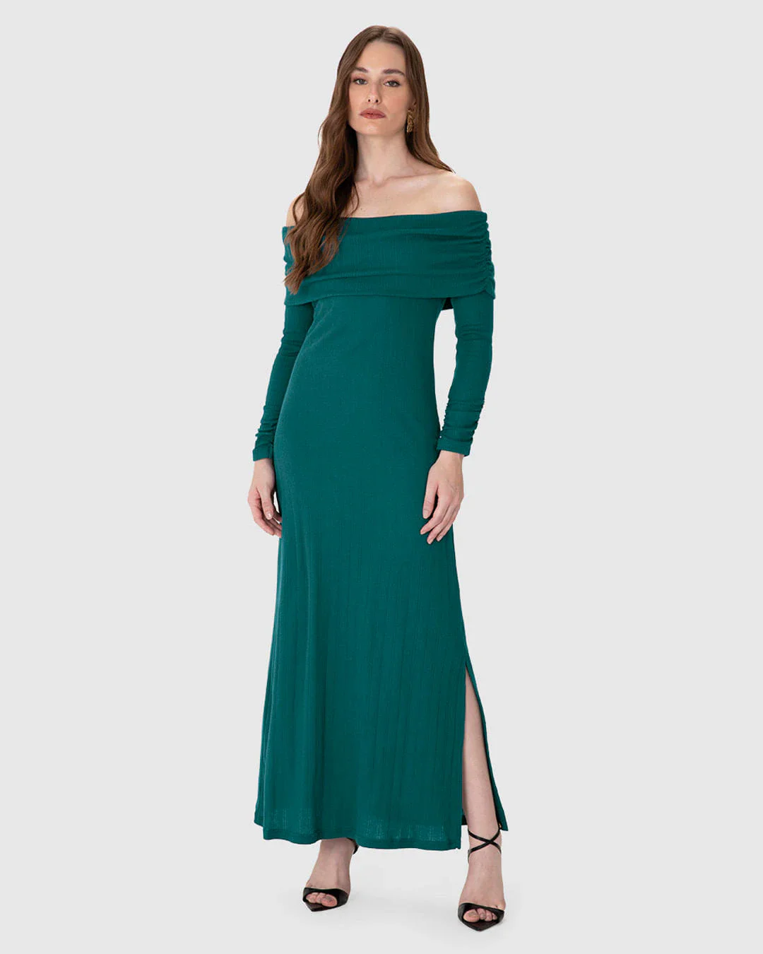 Vestido Midi Feminino Ombro A Ombro Manga Longa Em Tricô Jacquard - ENFIM