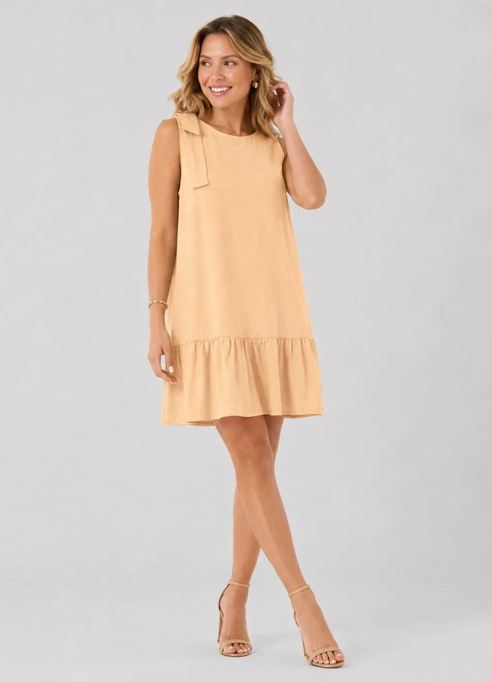 Cereja Rosa - Vestido em Tecido Plano Viscose Linho Bege