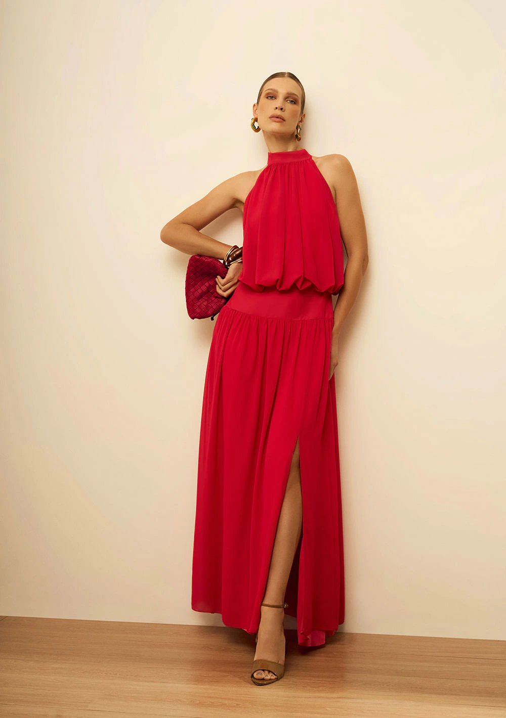 Vestido Maria.Valentina Solto Gola Alta Sem Manga Longo Rosa