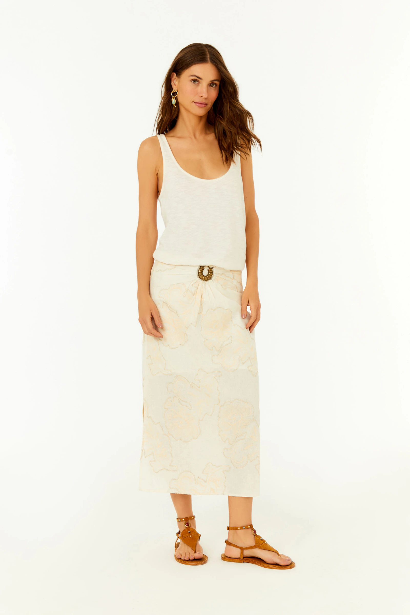 Saia Midi Fivela Bordado Magnolia