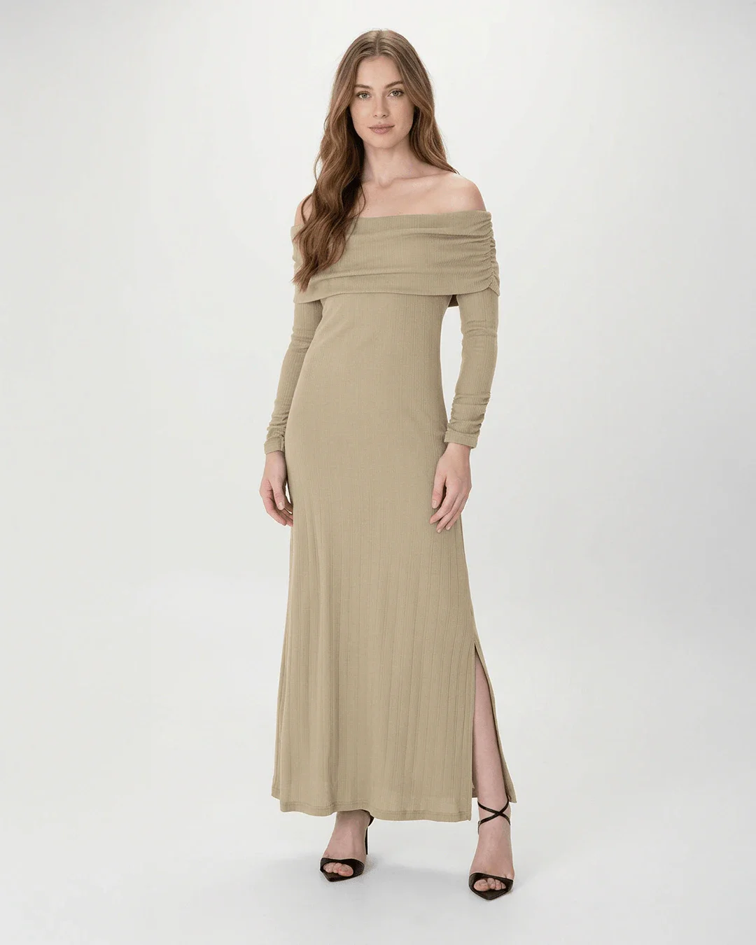 Vestido Midi Feminino Ombro A Ombro Manga Longa Em Tricô Jacquard - ENFIM