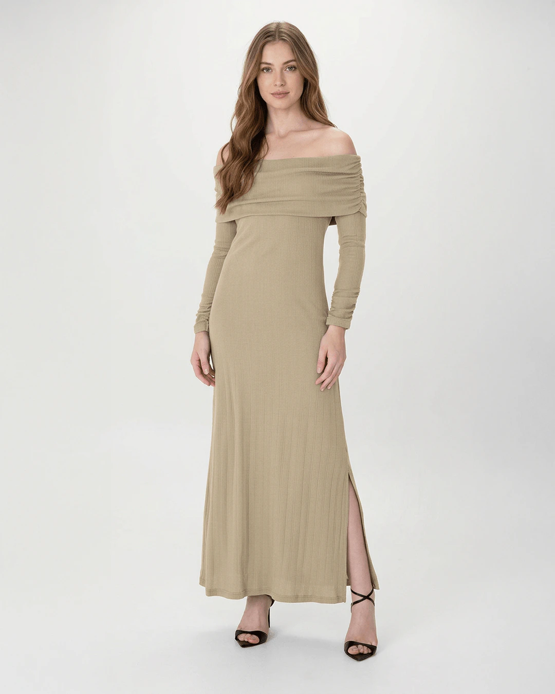 Vestido Midi Feminino Ombro A Ombro Manga Longa Em Tricô Jacquard - ENFIM