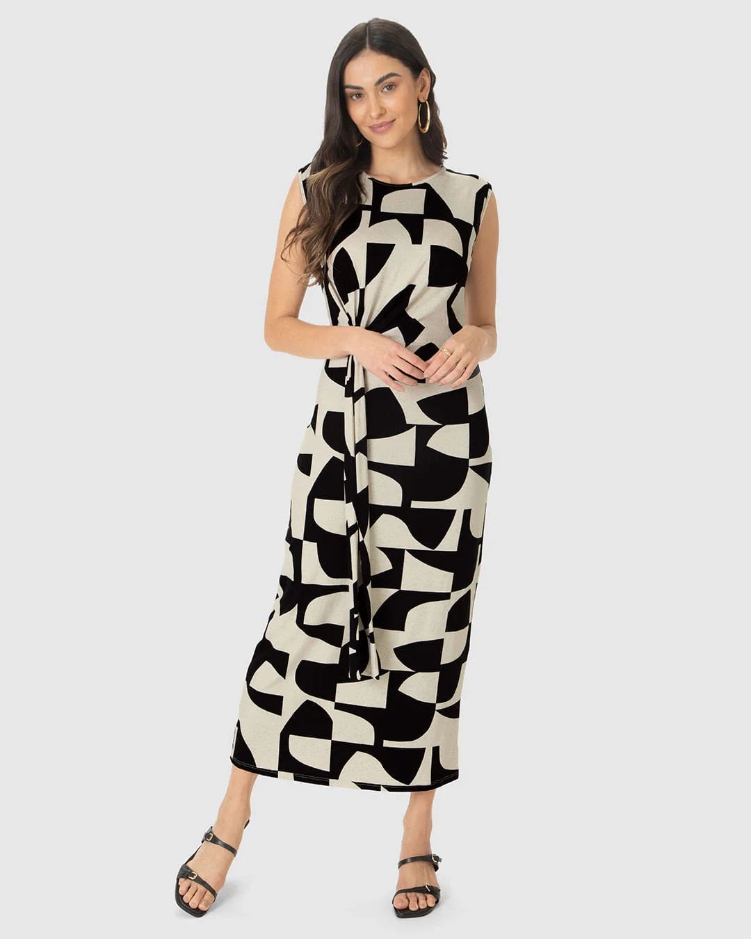 Vestido Midi Feminino Estampado Faixa E Nó Frontal Em Malha Viscolinho Stretch