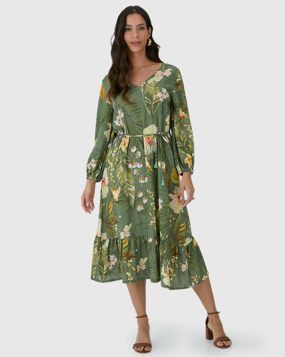 Vestido Midi Feminino Amplo Manga 7/8 Em Viscolinho