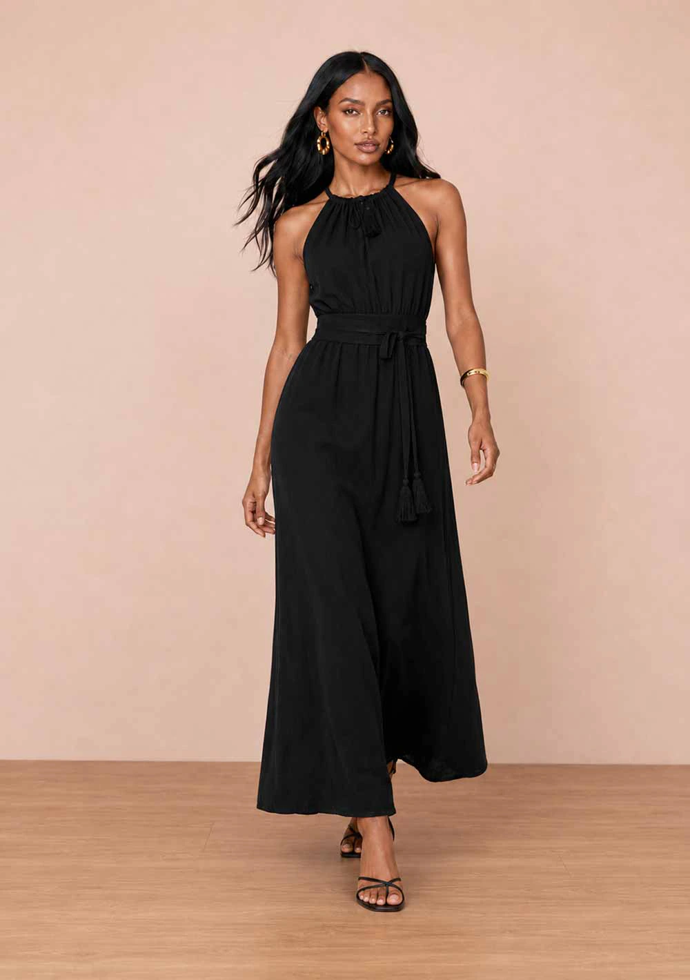 Vestido Gola Alta Flor de Chá Preto